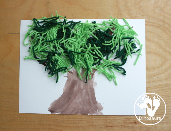 Green Yarn Tree Craft for Arbor Day - a fun mixed art with watercolor trunk ad a yarn green tree for kids to make - 3Dinosaurs.com