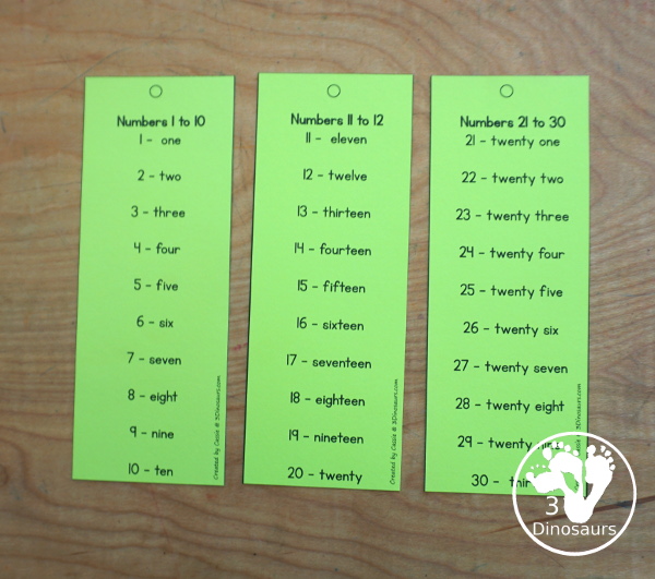 Free Number Bookmarks with Numbers 1 to 100 - Each bookmark has the number and number word with ten numbers on each page with 5 pages of printables. - 3Dinosaurs.com