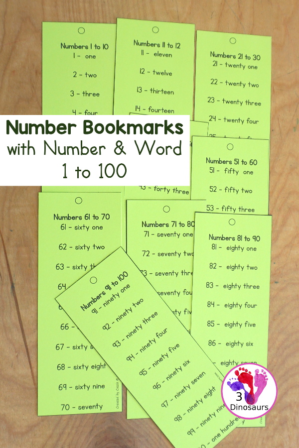 Free Number Word Bookmarks With Numbers 1 To 100 – 3 Dinosaurs