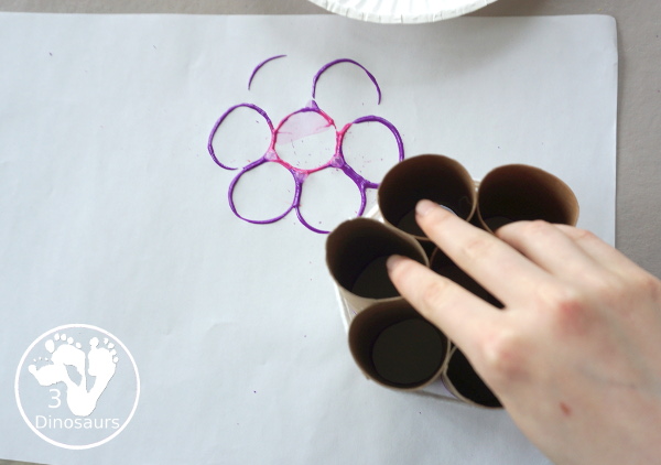 Paper Roll Flower Painting - a simple flower craft using paper, paints and paper rolls - see all the supplies that we used to make the craft. - 3Dinosaurs.com