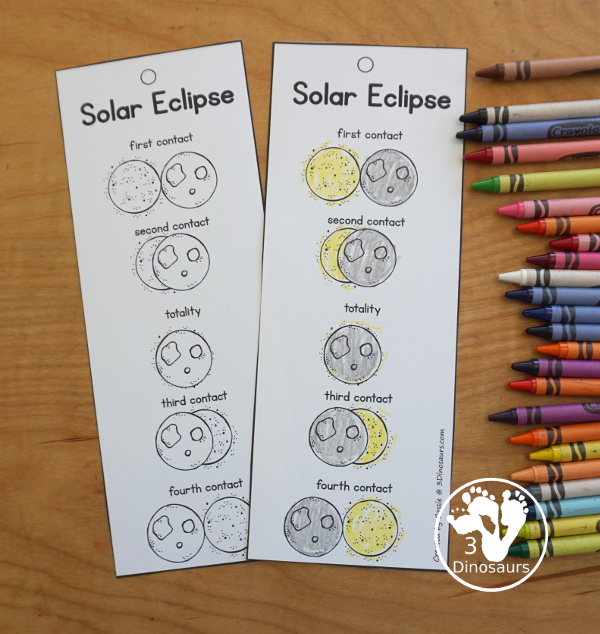 Free Total Solar Eclipse Bookmarks with the order of events for a total solar eclipse with pictures for kids to use to mark what they have seen.  3Dinosaurs.com