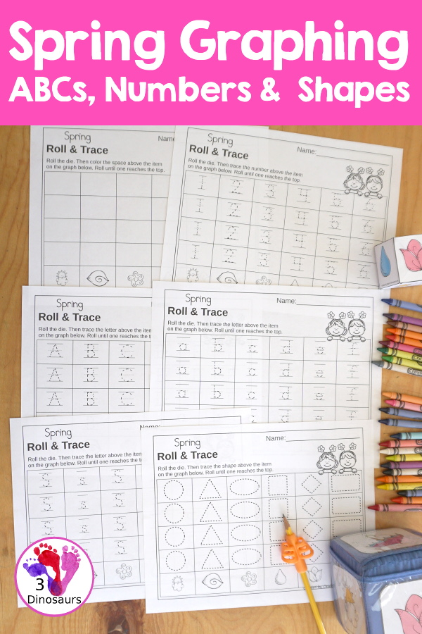 Spring Roll & Graph With Trace Letters, Numbers & Shapes with a folding die and cube die with a graphing sheet, graphing with tracing numbers, graphing with tracing letters and graphing with tracing shapes. All with a fun spring theme for prek and kindergarten - 3Dinosaurs.com