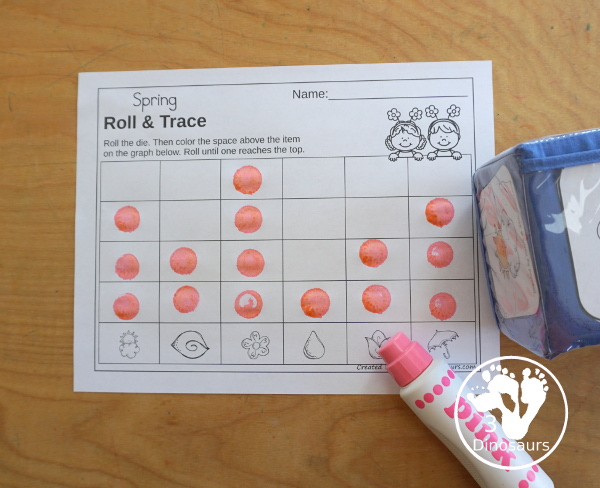 Spring Roll & Graph With Trace Letters, Numbers & Shapes with a folding die and cube die with a graphing sheet, graphing with tracing numbers, graphing with tracing letters and graphing with tracing shapes. All with a fun spring theme for prek and kindergarten - 3Dinosaurs.com