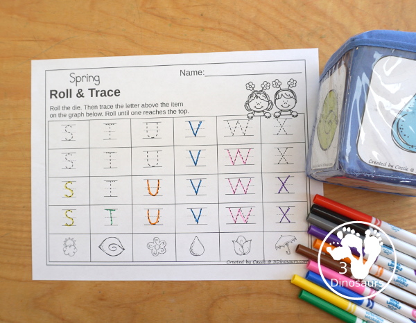 Spring Roll & Graph With Trace Letters, Numbers & Shapes with a folding die and cube die with a graphing sheet, graphing with tracing numbers, graphing with tracing letters and graphing with tracing shapes. All with a fun spring theme for prek and kindergarten - 3Dinosaurs.com