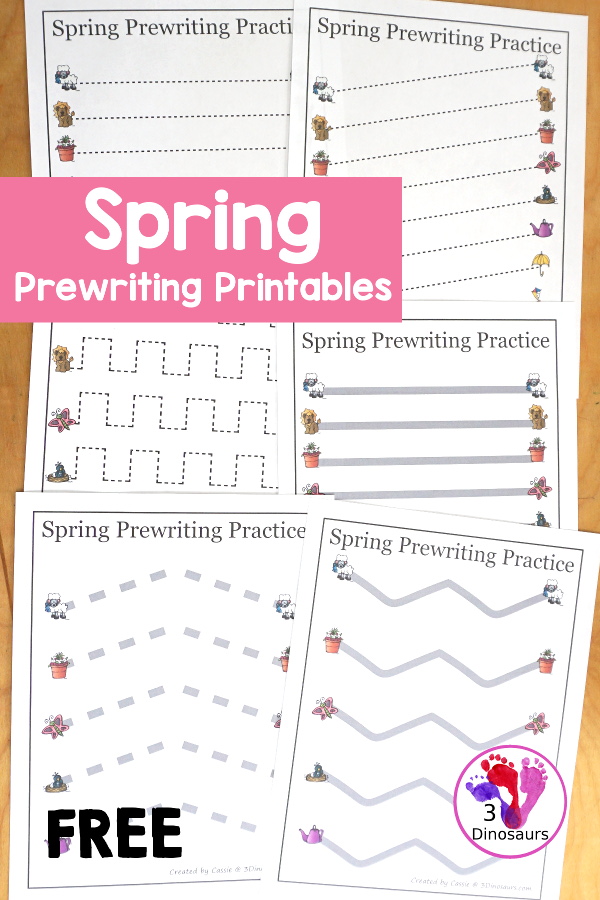 Free Spring Prewriting Printable - 28 prewriting pages with different types of lines. You have a thin dashed line and a thick line for working on prewriting for kids in preschool to kindergarten - 3Dinosaurs.com