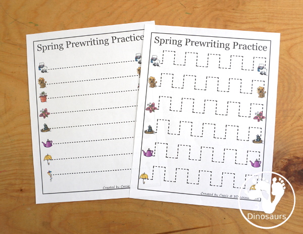 Free Spring Prewriting Printable - 28 prewriting pages with different types of lines. You have a thin dashed line and a thick line for working on prewriting for kids in preschool to kindergarten - 3Dinosaurs.com