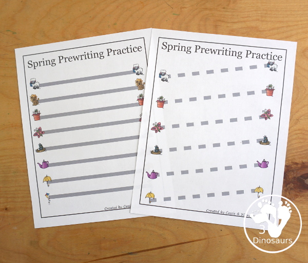 Free Spring Prewriting Printable - 28 prewriting pages with different types of lines. You have a thin dashed line and a thick line for working on prewriting for kids in preschool to kindergarten - 3Dinosaurs.com