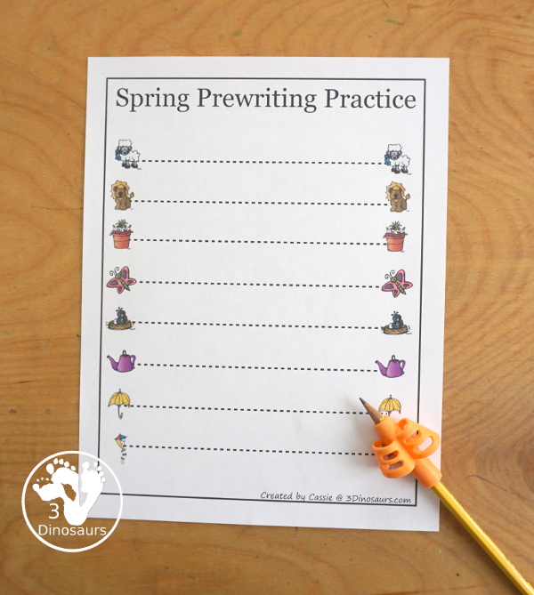 Free Spring Prewriting Printable - 28 prewriting pages with different types of lines. You have a thin dashed line and a thick line for working on prewriting for kids in preschool to kindergarten - 3Dinosaurs.com