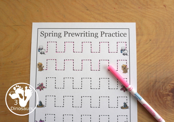 Free Spring Prewriting Printable - 28 prewriting pages with different types of lines. You have a thin dashed line and a thick line for working on prewriting for kids in preschool to kindergarten - 3Dinosaurs.com