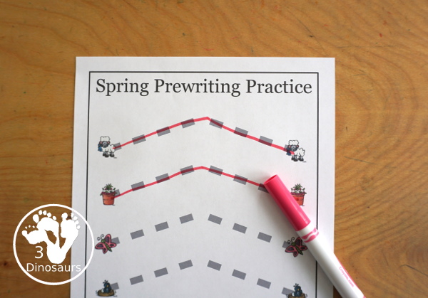 Free Spring Prewriting Printable - 28 prewriting pages with different types of lines. You have a thin dashed line and a thick line for working on prewriting for kids in preschool to kindergarten - 3Dinosaurs.com