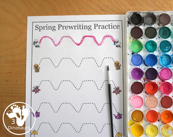 Free Spring Prewriting Printable - 28 prewriting pages with different types of lines. You have a thin dashed line and a thick line for working on prewriting for kids in preschool to kindergarten - 3Dinosaurs.com