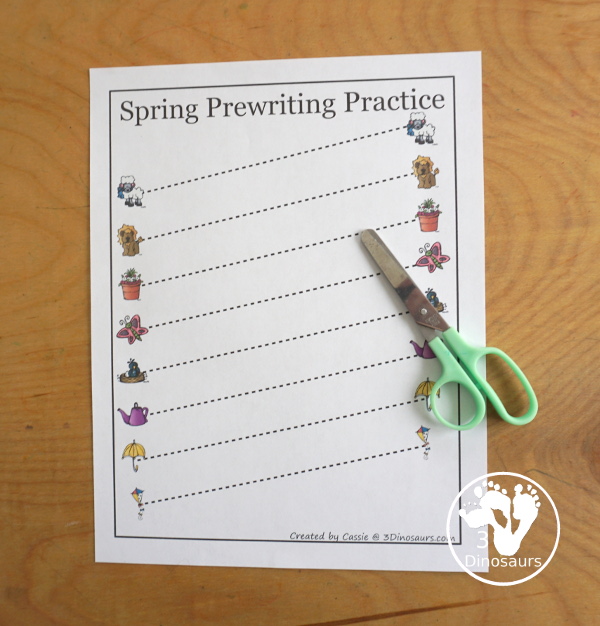 Free Spring Prewriting Printable - 28 prewriting pages with different types of lines. You have a thin dashed line and a thick line for working on prewriting for kids in preschool to kindergarten - 3Dinosaurs.com