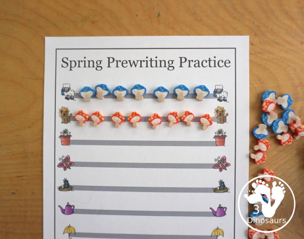 Free Spring Prewriting Printable - 28 prewriting pages with different types of lines. You have a thin dashed line and a thick line for working on prewriting for kids in preschool to kindergarten - 3Dinosaurs.com