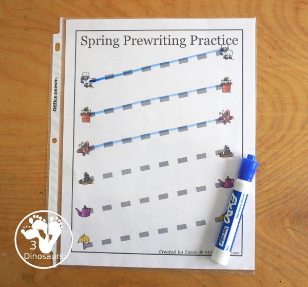 Free Spring Prewriting Printable - 28 prewriting pages with different types of lines. You have a thin dashed line and a thick line for working on prewriting for kids in preschool to kindergarten - 3Dinosaurs.com