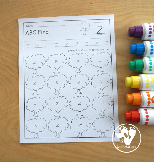 Tree ABC Letter Find Printables - All 26 letters of the Alphabet - with tracing and then finding the letters with uppercase option and lowercase options for kids working letters. This is great for prek and kindergarten - 3Dinosaurs.com