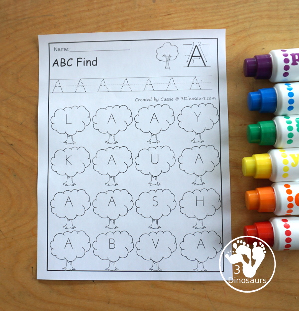 Tree ABC Letter Find Printables - All 26 letters of the Alphabet - with tracing and then finding the letters with uppercase option and lowercase options for kids working letters. This is great for prek and kindergarten - 3Dinosaurs.com