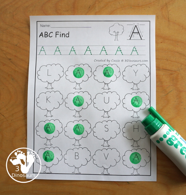 Tree ABC Letter Find Printables - All 26 letters of the Alphabet - with tracing and then finding the letters with uppercase option and lowercase options for kids working letters. This is great for prek and kindergarten - 3Dinosaurs.com