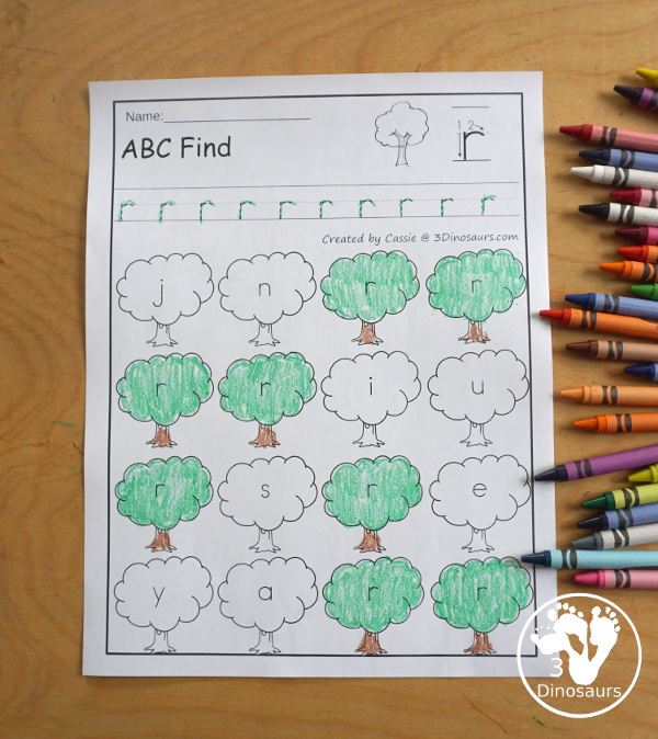 Tree ABC Letter Find Printables - All 26 letters of the Alphabet - with tracing and then finding the letters with uppercase option and lowercase options for kids working letters. This is great for prek and kindergarten - 3Dinosaurs.com