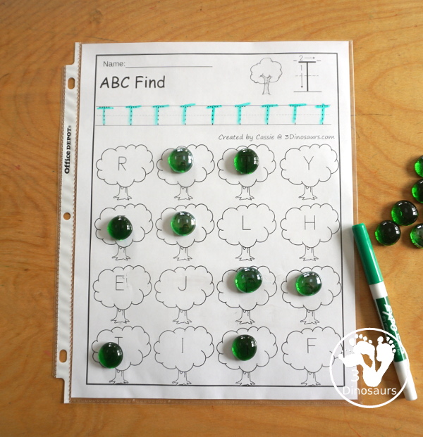 Tree ABC Letter Find Printables - All 26 letters of the Alphabet - with tracing and then finding the letters with uppercase option and lowercase options for kids working letters. This is great for prek and kindergarten - 3Dinosaurs.com