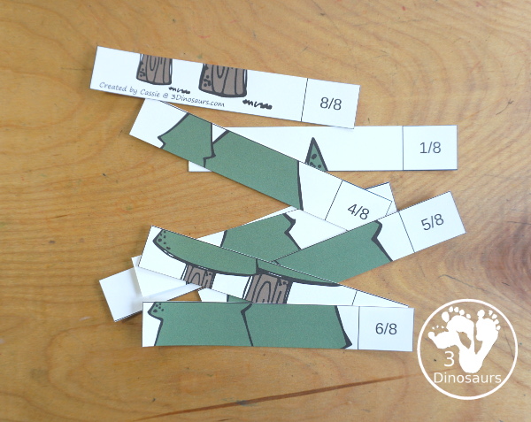 Free Tree Fraction Puzzle Printables - it has 7 fraction puzzles with 2, 3, 4, 5, 6, 8, 10 for the parts for the fractions  - 3Dinosaurs.com