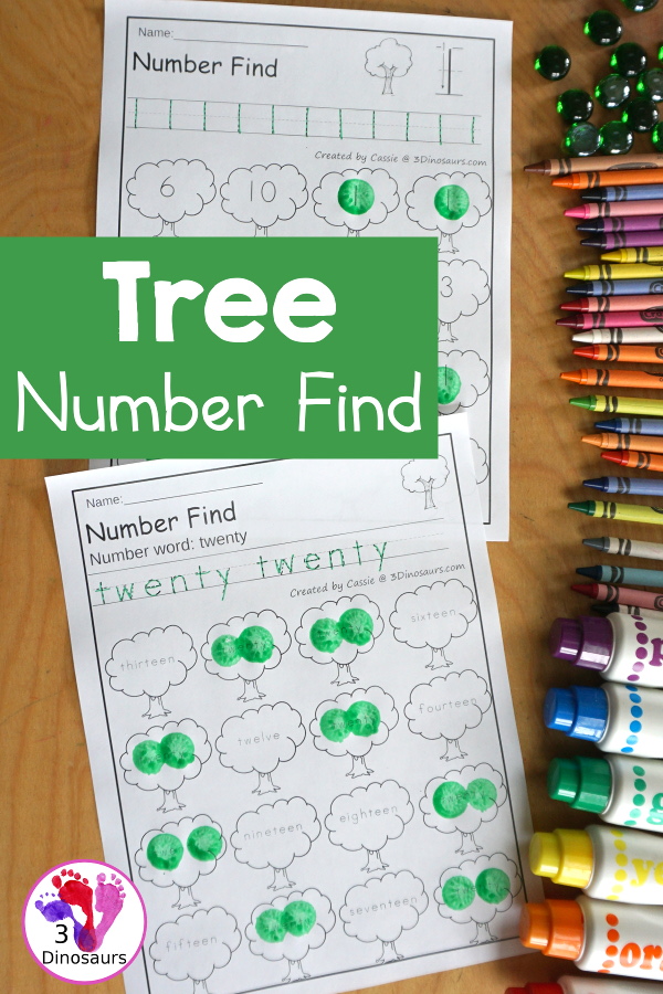 Tree Number Find Printable For Kids with numbers from 0 to 20. You trace the numbers and then find the numbers on the tree. You have number and number words for kids to use - 3Dinosaurs.com