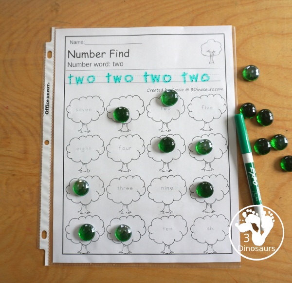 Tree Number Find Printable For Kids  with numbers from 0 to 20. You trace the numbers and then find the numbers on the tree. You have number and number word for kids to use - 3Dinosaurs.com