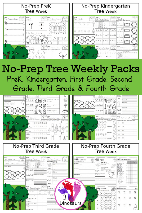 No-Prep Tree Weekly Packs PreK, Kindergarten, First Grade, Second Grade, Third Grade & Fourth Grade with 5 days of activities to do for each grade level with tree words - You will find a mix of math, language, and more - These are easy to use packs for homework and morning work. Easy no-prep printables for kids with four pages for each day - 3Dinosaurs.com