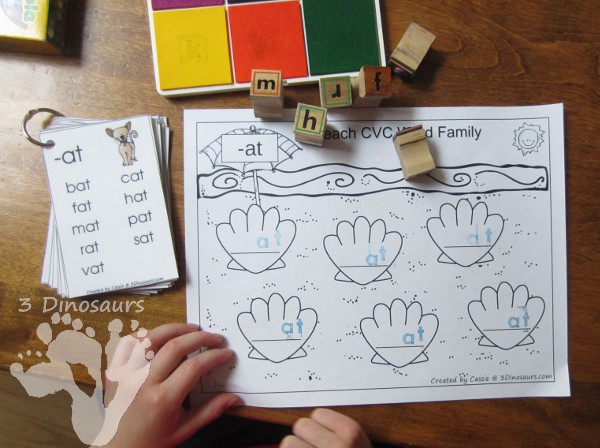 FREE CVC & CVCC Word Family Beach Writing Printable - shells on the beach and a writing page for each word family - 3Dinosaurs.com