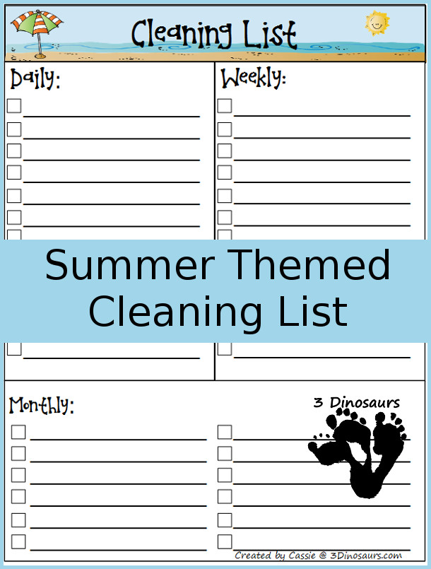 Free Summer Themed Monthly Cleaning Chart Printable - 4 different options - 3Dinosaurs.com