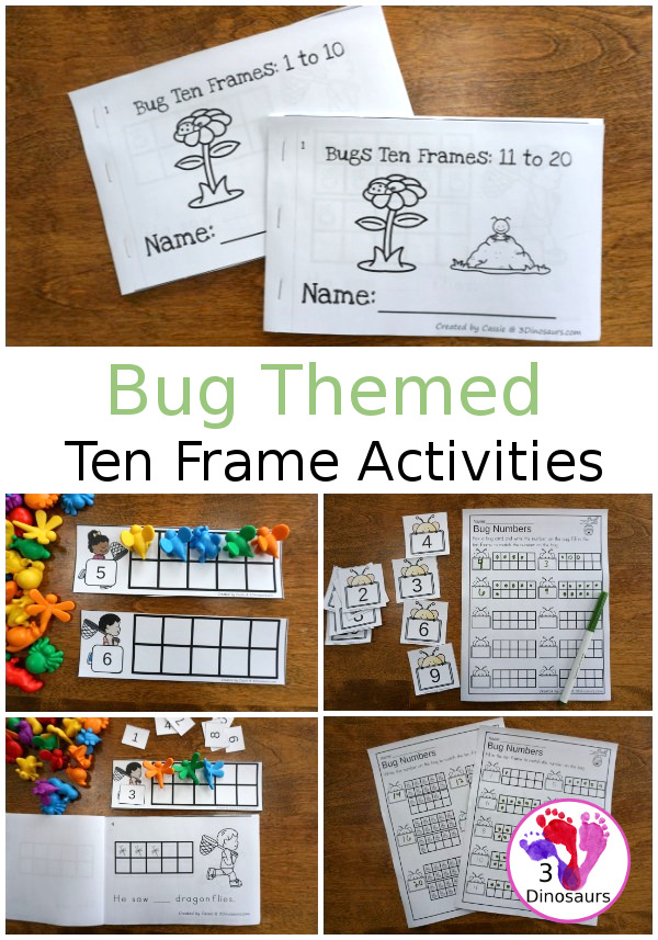 Bug Themed Ten Frame Printables: No-Prep & Hands-On - 82 pages of printables working on ten frame activities for numbers 1 to 20 with hands-on and no-prep: cards, worksheets and easy reader books - 3Dinosaurs.com #handsonmath #teacherspayteachers #tenframe #springprintablesforkids #printablesforkids