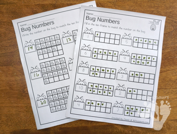 Bug Themed Ten Frame Printables: No-Prep & Hands-On - 82 pages of printables working on ten frame activities for numbers 1 to 20 with hands-on and no-prep: cards, worksheets and easy reader books - 3Dinosaurs.com #handsonmath #teacherspayteachers #tenframe #springprintablesforkids #printablesforkids