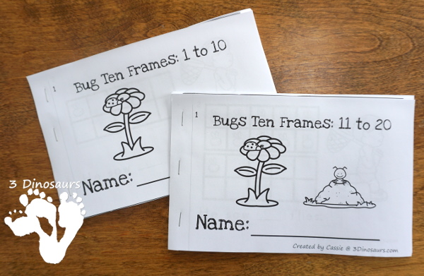 Bug Themed Ten Frame Printables: No-Prep & Hands-On - 82 pages of printables working on ten frame activities for numbers 1 to 20 with hands-on and no-prep: cards, worksheets and easy reader books - 3Dinosaurs.com #handsonmath #teacherspayteachers #tenframe #springprintablesforkids #printablesforkids