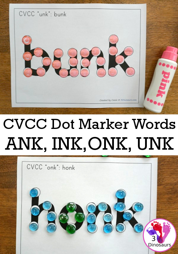 Free CVCC Word Family Dot Marker: -ANK, -INK, -INK & -UNK - 3Dinosaurs.com