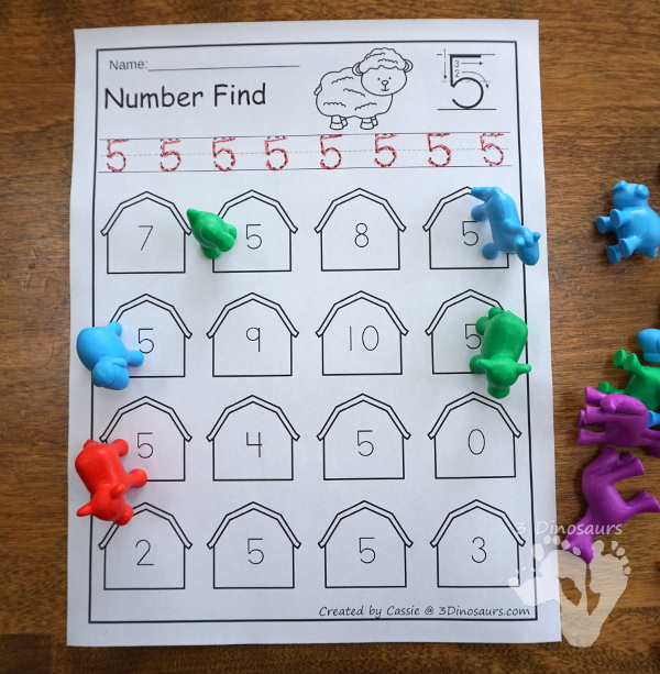 Farm Themed NumberFind-  with numbers 0 to 20  with number digit and number word- 3Dinosaurs.com