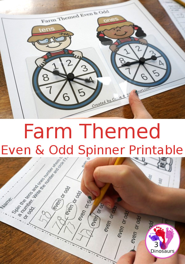 FREE Farm Themed Even and Odd Spinning Printable - 2 spinners with a matching recording sheet - 3Dinosaurs.com