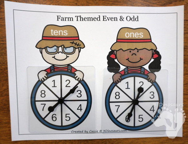 FREE Farm Themed Even and Odd Spinning Printable - 2 spinners with a matching recording sheet - 3Dinosaurs.com