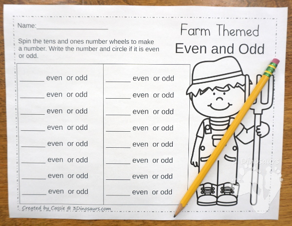 FREE Farm Themed Even and Odd Spinning Printable - 2 spinners with a matching recording sheet - 3Dinosaurs.com