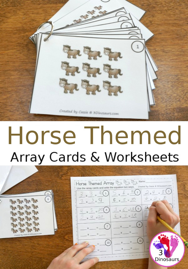 FREE Horse Themed Array Cards with Matching Worksheets - there are 12 cards and 3 different worksheets to use with the cards - 3Dinosaurs.com