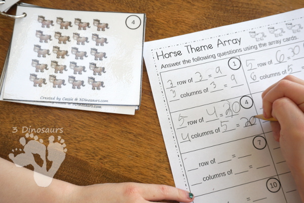 FREE Horse Themed Array Cards with Matching Worksheets - there are 12 cards and 3 different worksheets to use with the cards - 3Dinosaurs.com