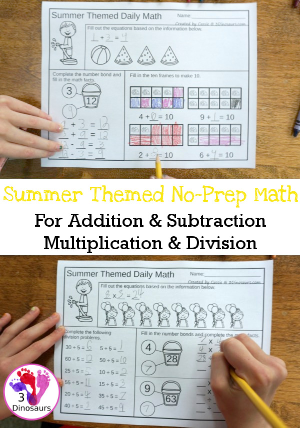 No Prep Summer Addition & Subtraction and Multiplication & Division - 30 pages no-prep printables with a mix of addition and subtraction or multiplication and division activities plus a math center activities - 3Dinosaurs.com #noprepmath #tpt #addition #subtraction #multiplication #division