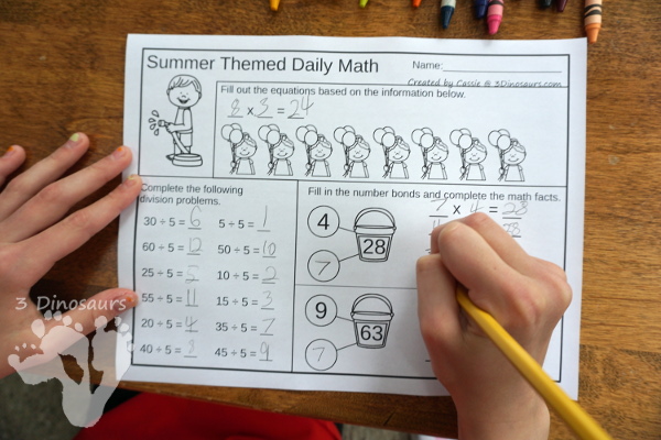 No Prep Summer Addition & Subtraction and Multiplication & Division - 30 pages no-prep printables with a mix of addition and subtraction or multiplication and division activities plus a math center activities - 3Dinosaurs.com #noprepmath #tpt #addition #subtraction #multiplication #division