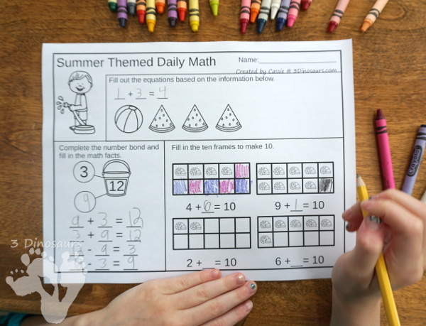 No Prep Summer Addition & Subtraction and Multiplication & Division - 30 pages no-prep printables with a mix of addition and subtraction or multiplication and division activities plus a math center activities - 3Dinosaurs.com #noprepmath #tpt #addition #subtraction #multiplication #division