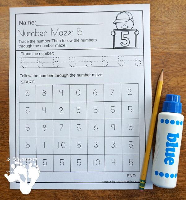 No-Prep Number Mazes - numbers 0 to 20 with tracing of the number - 3Dinosaurs.com