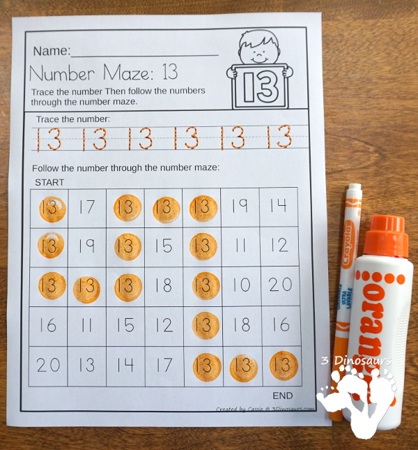 No-Prep Number Mazes - numbers 0 to 20 with tracing of the number - 3Dinosaurs.com