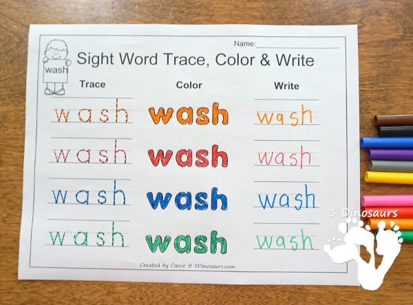 Free Romping & Roaring Second Grade Sight Words: use, very, wash, which 6 pages of printables for each word - 3Dinosaurs.com