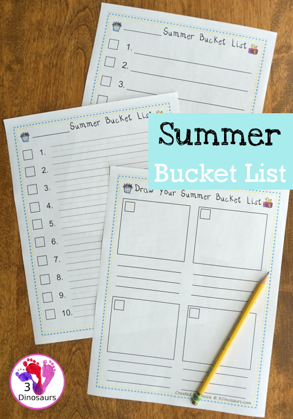 Free Blank Summer Bucket List - 3 options for writing the lists - 3Dinosaurs.com