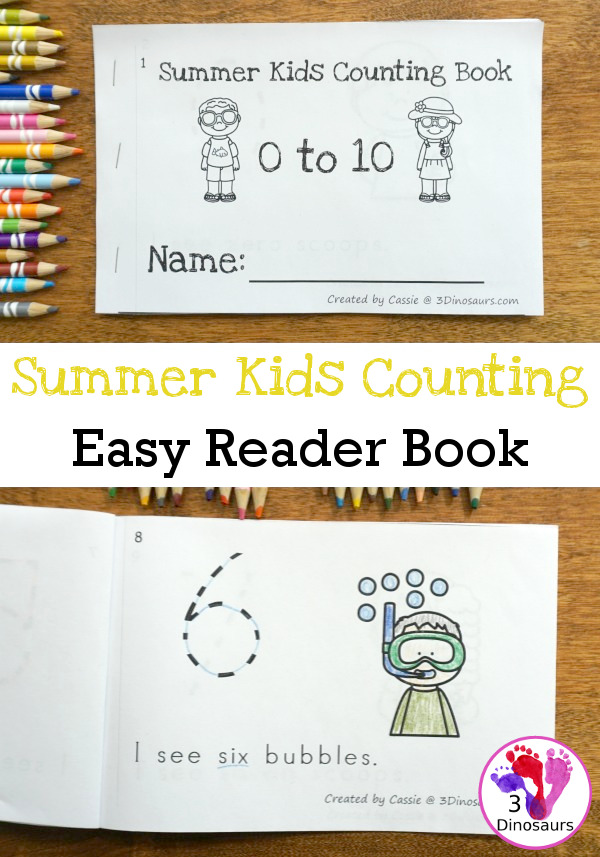 Free Summer Kids Counting Easy Reader Book - 12 page book with numbers 0 to 10 for kids to work on with tracing the number - 3Dinosaurs.com