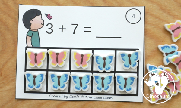 Free Butterfly Addition Ten Frame Cards - 2 sets of cards with matching recording sheet. These are great for individual practice or a math center  - 3Dinosaurs.com