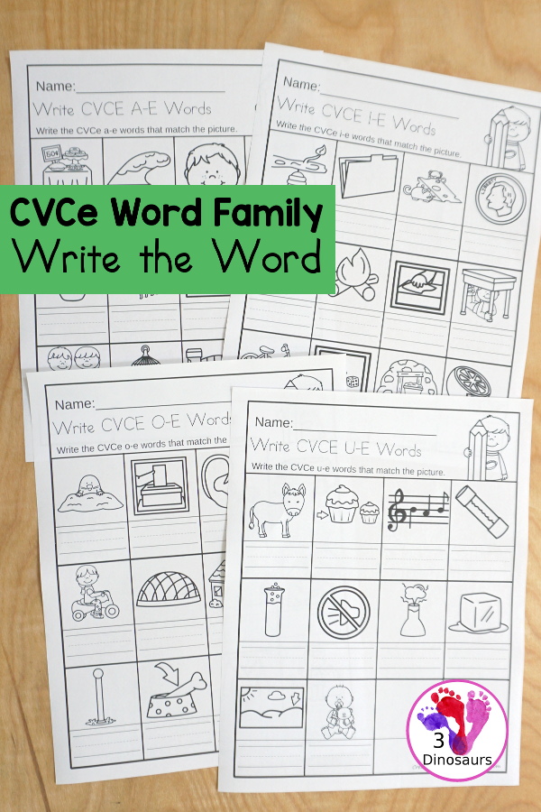 Free CVCe Word Family Write the Words No-Prep Worksheet - 4 no-prep cvce worksheets working on CVCe words with a-e, i-e, o-e, and u-e - 3Dinosaurs.com