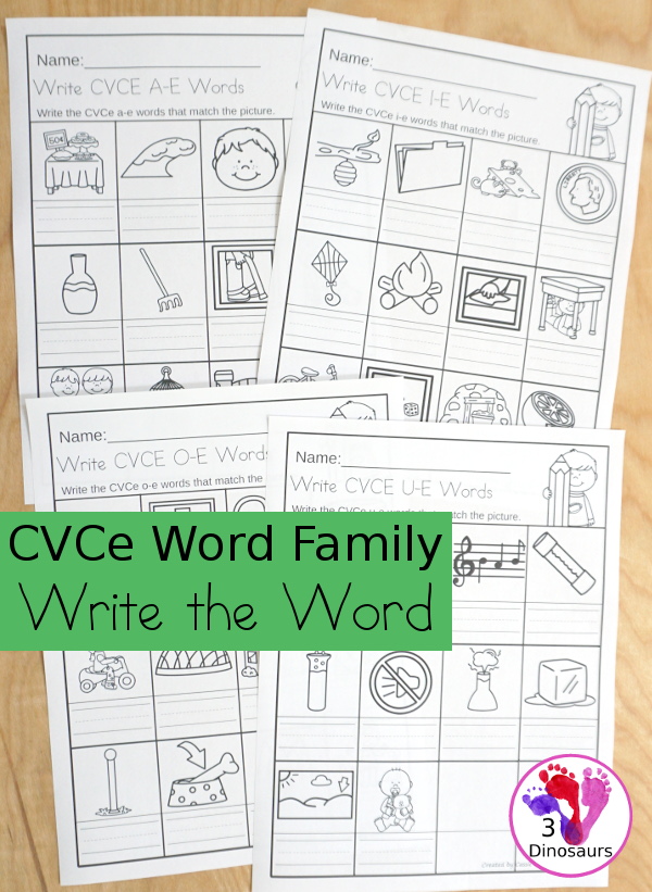 Free CVCe Word Family Write the Words No-Prep Worksheet - 4 no-prep worksheets working CVCe words with a-e, i-e, o-e, and u-e - 3Dinosaurs.com